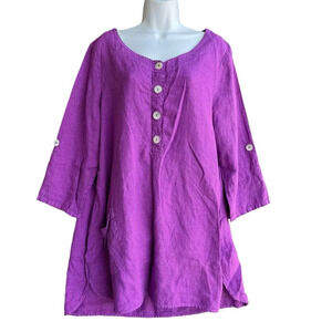 Niche Nilgun Derman Tunic Top Sz L Purple Gingham Linen Blend Crinkle Lagenlook